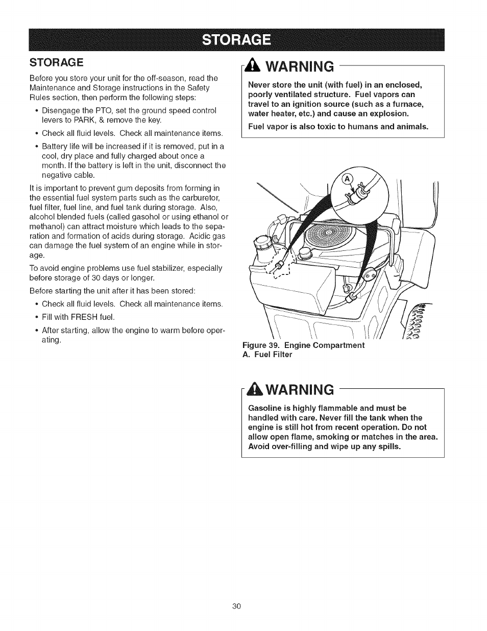 Storage, A warning, Awarning | Warning | Craftsman 107.27768 User Manual | Page 30 / 98