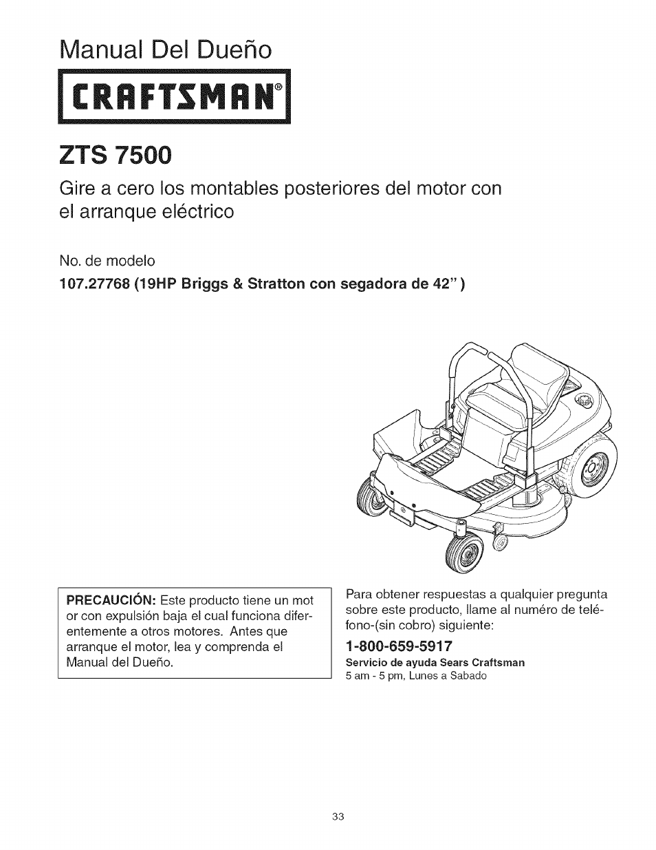 Zts 7500, No. de modelo, 27768 (19hp bríggs & stratton con segadora de 42”) | Manual del dueño | Craftsman 107.27768 User Manual | Page 33 / 98