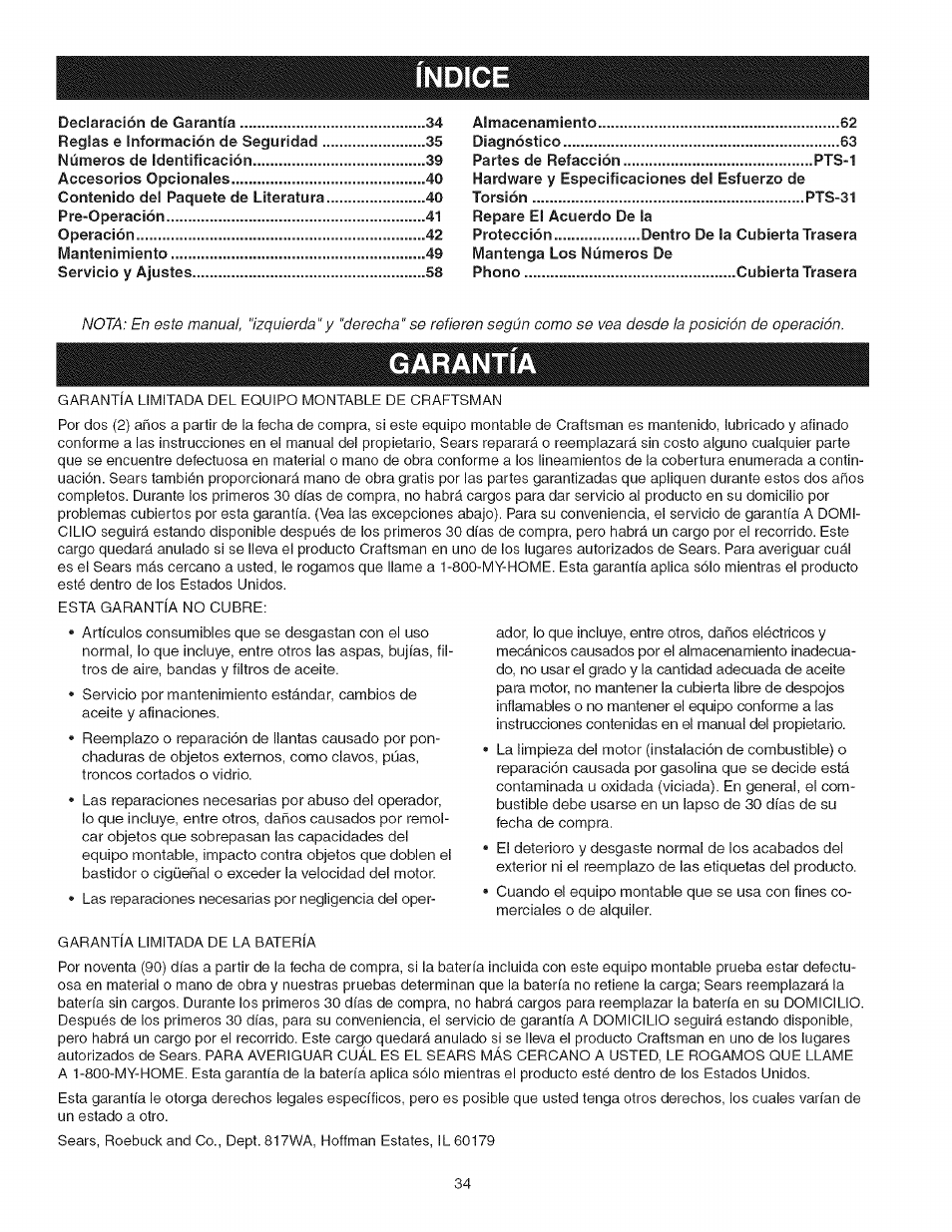 Indice, Garantia | Craftsman 107.27768 User Manual | Page 34 / 98