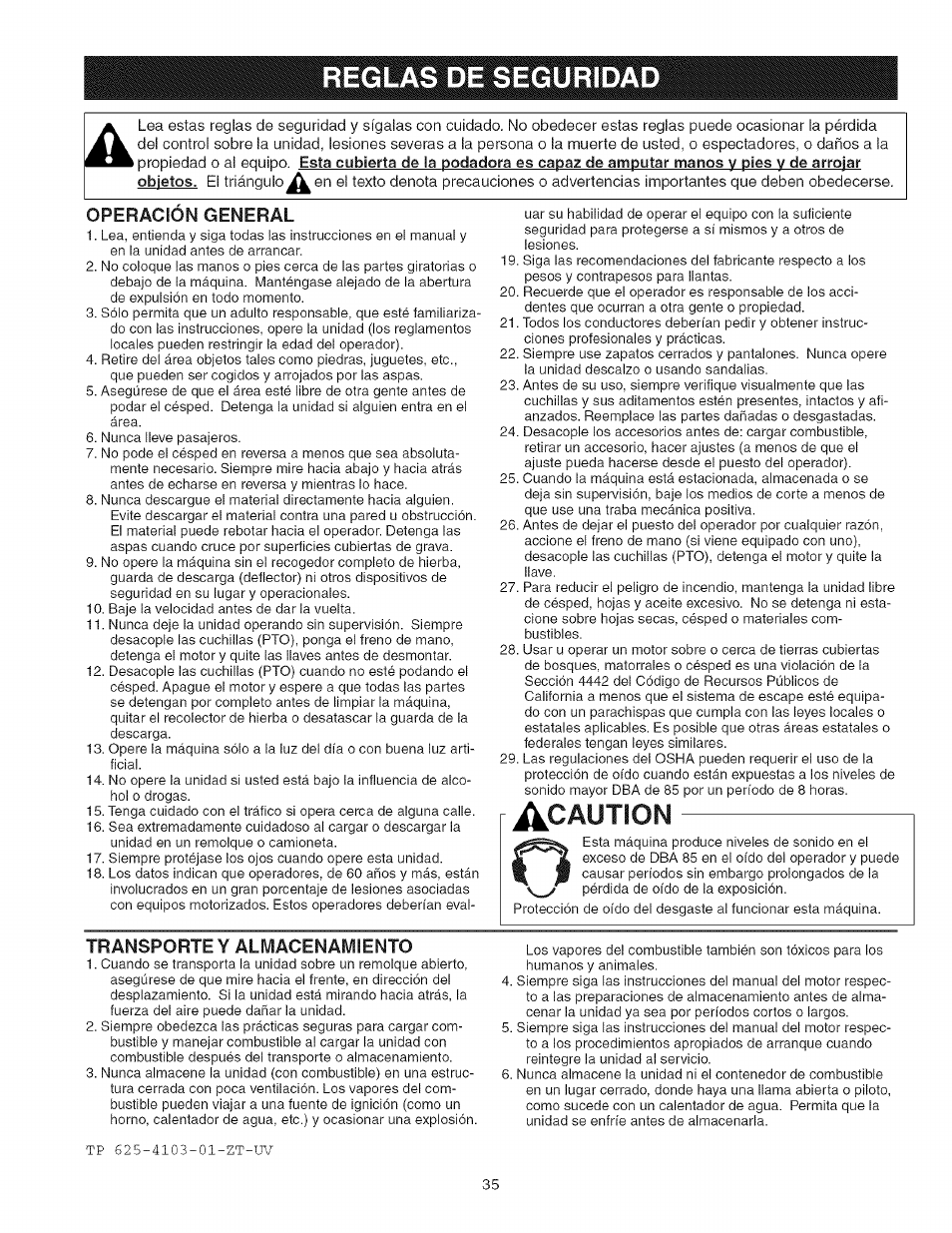 Reglas de seguridad, Acaution | Craftsman 107.27768 User Manual | Page 35 / 98