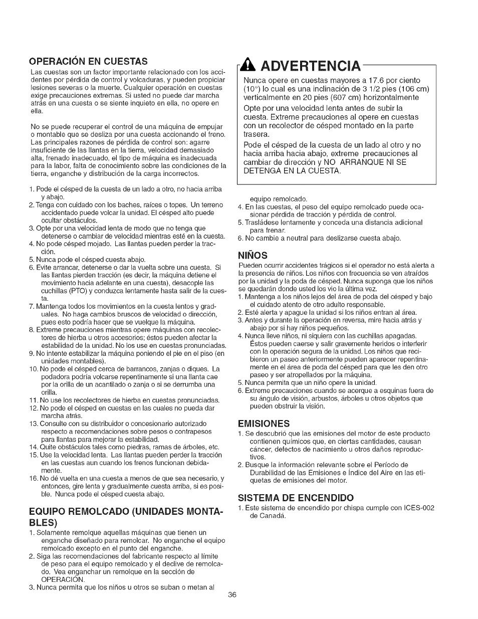 Niños, Emisiones, Sistema de encendido | Advertencia | Craftsman 107.27768 User Manual | Page 36 / 98