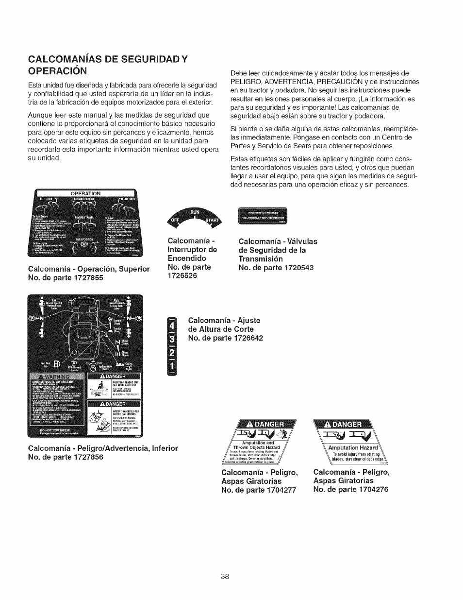 Calcomanias de seguridad y operación | Craftsman 107.27768 User Manual | Page 38 / 98