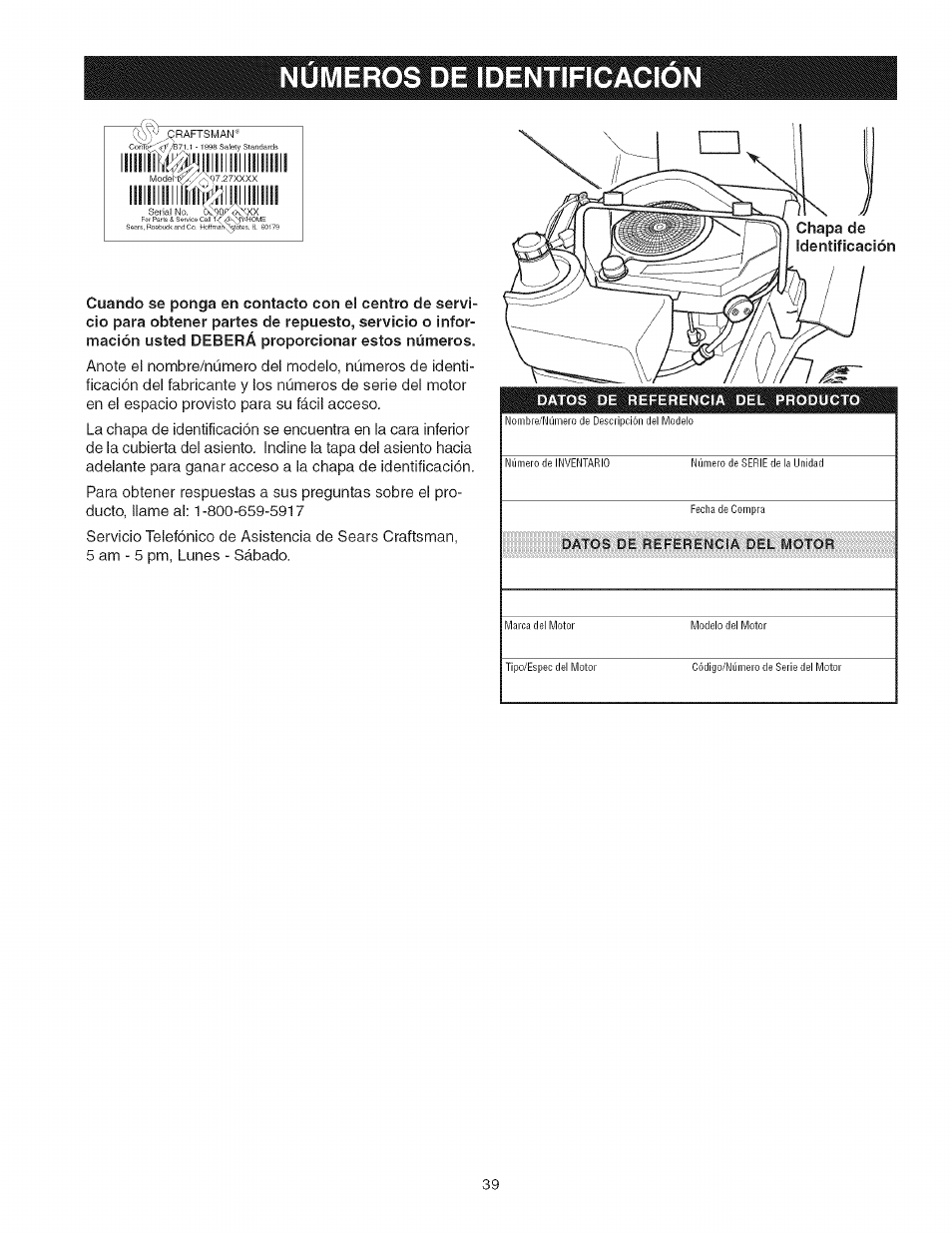 Numeros de identificacion, Números de identificación | Craftsman 107.27768 User Manual | Page 39 / 98