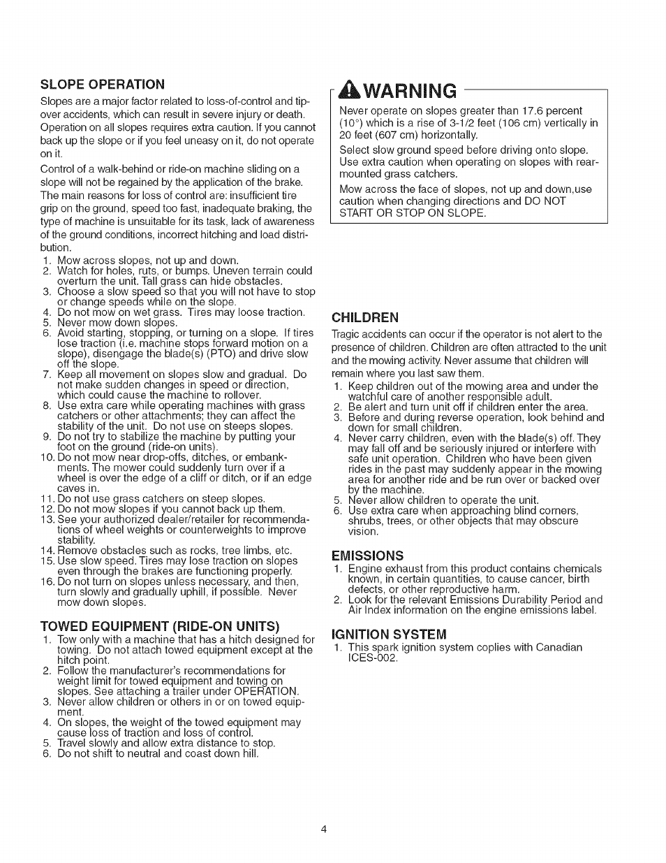 Towed equipment (ride-on units), Awarning, Children | Emissions, Ignition system, Warning | Craftsman 107.27768 User Manual | Page 4 / 98