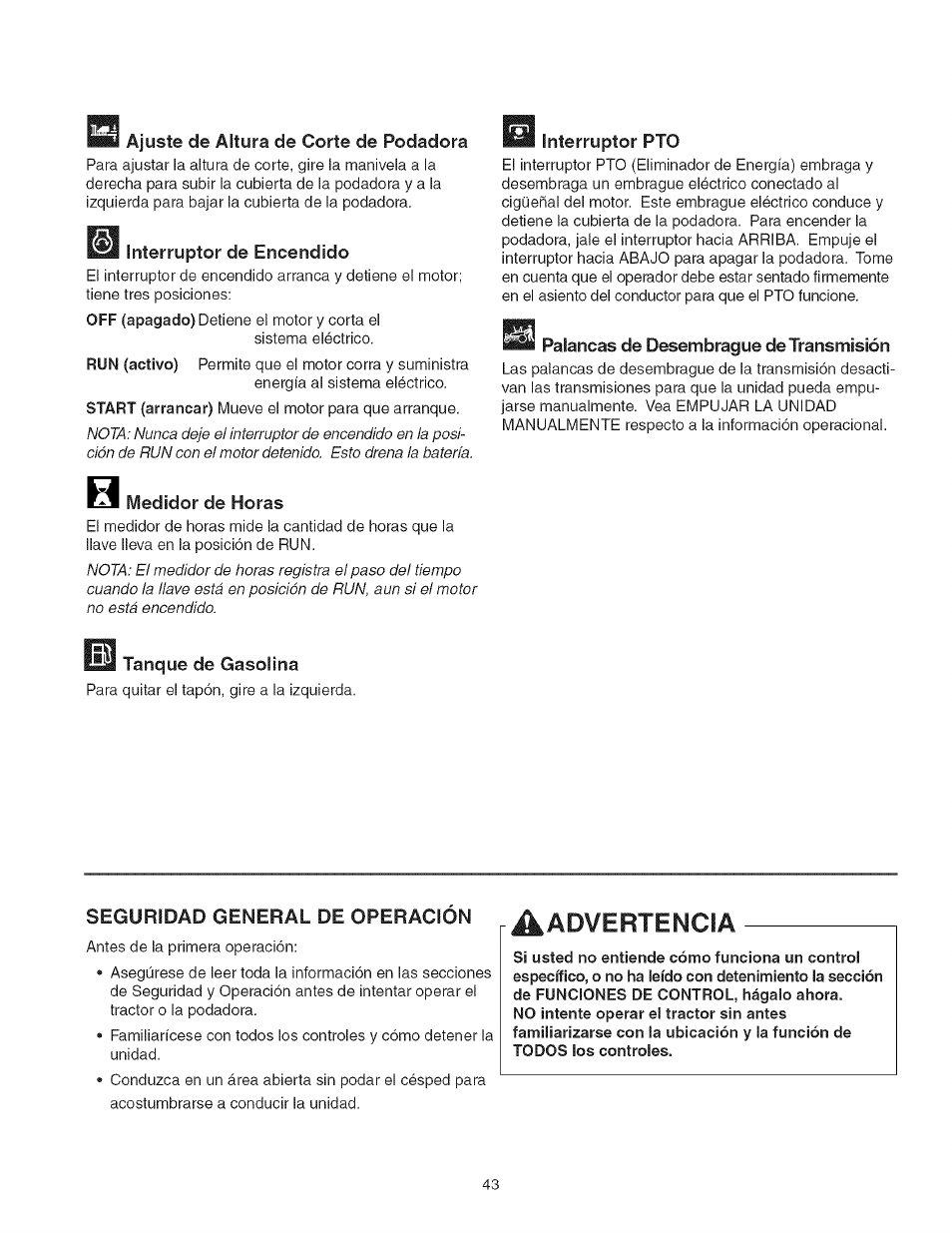 Seguridad general de operacion, Aadvertencia | Craftsman 107.27768 User Manual | Page 43 / 98