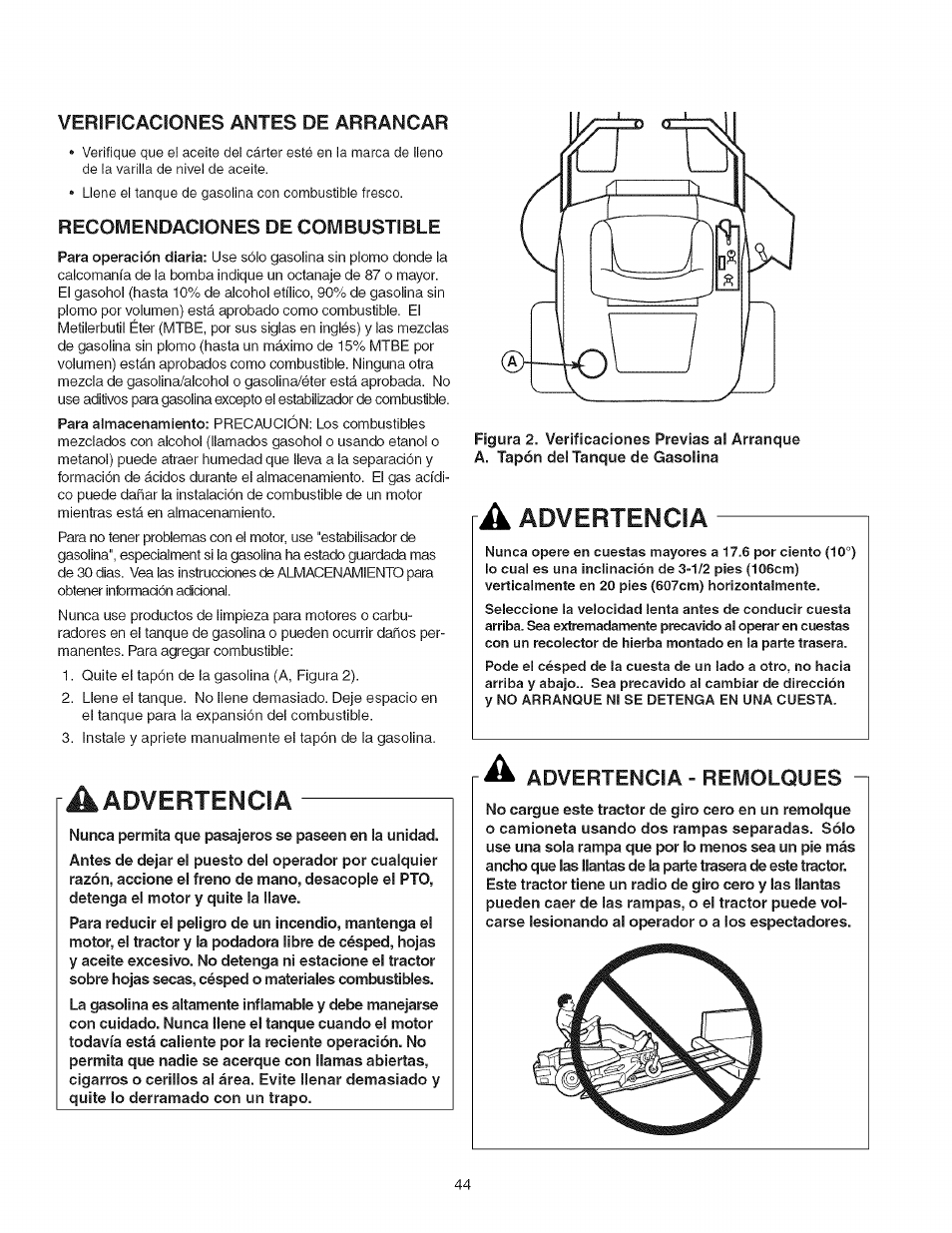 Verificaciones antes de arrancar, Advertencia - remolques, Advertencia | Craftsman 107.27768 User Manual | Page 44 / 98