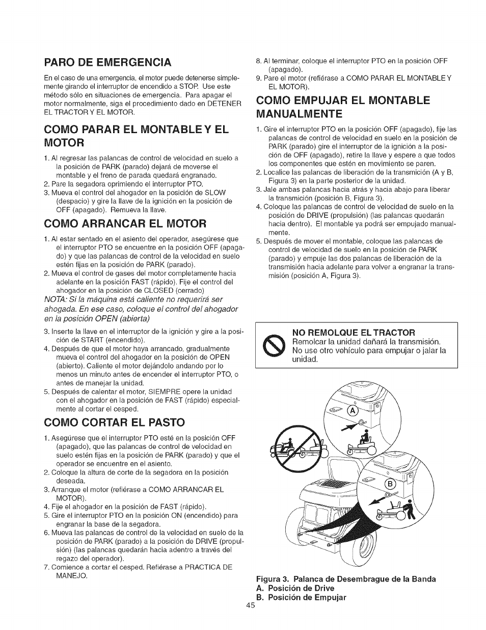 Paro de emergencia, Como parar el montable y el motor, Como arrancar el motor | Como cortar el pasto, Como empujar el montable manualmente, Montable | Craftsman 107.27768 User Manual | Page 45 / 98