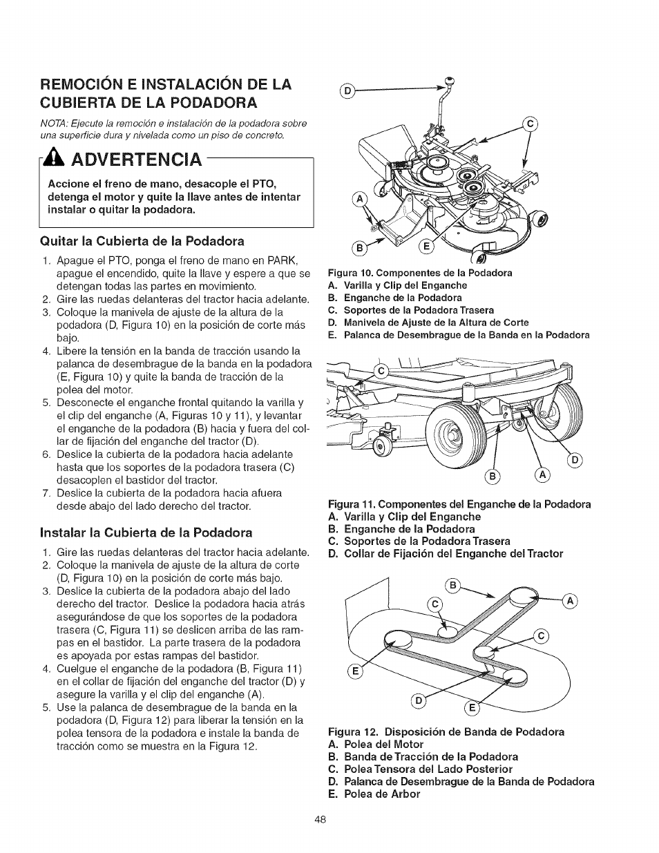 Remoción e instalación de la, Cubierta de la rodadora, A advertencia | Advertencia | Craftsman 107.27768 User Manual | Page 48 / 98