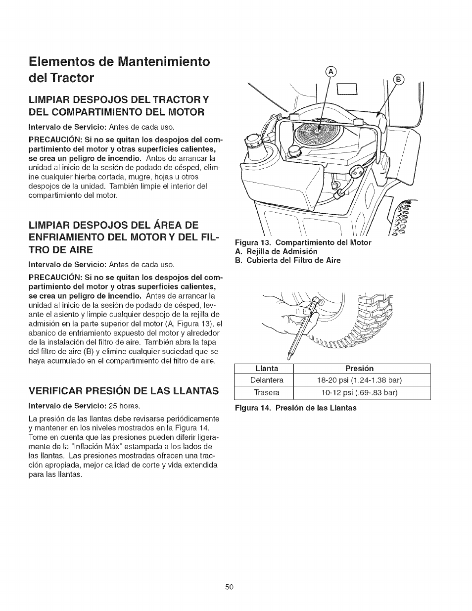 Elementos de mantenimiento, Verificar presion de las llantas, Del tractor | Craftsman 107.27768 User Manual | Page 50 / 98