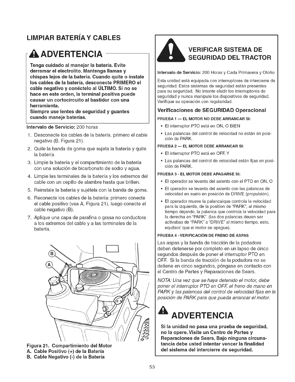 Limpiar bateria y cables, A advertencia, Verificar sistema de seguridad del tractor | Advertencia | Craftsman 107.27768 User Manual | Page 53 / 98