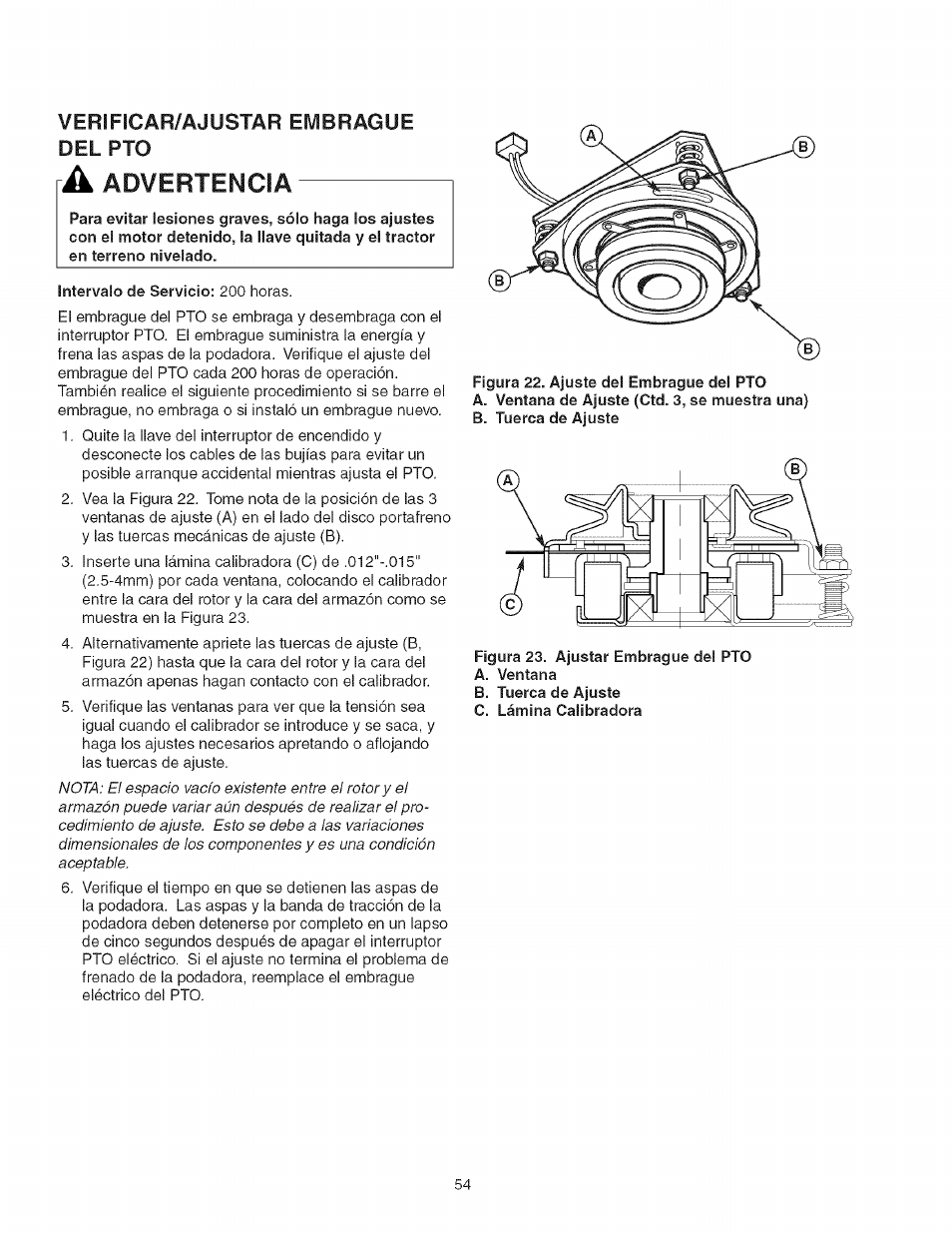 Verificar/ajustar embrague del pto, A advertencia, Advertencia | Craftsman 107.27768 User Manual | Page 54 / 98