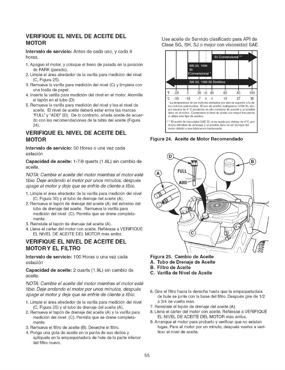 Verifique el nivel de aceite del motor, Verifique el nivel de aceite del motor y el filtro | Craftsman 107.27768 User Manual | Page 55 / 98