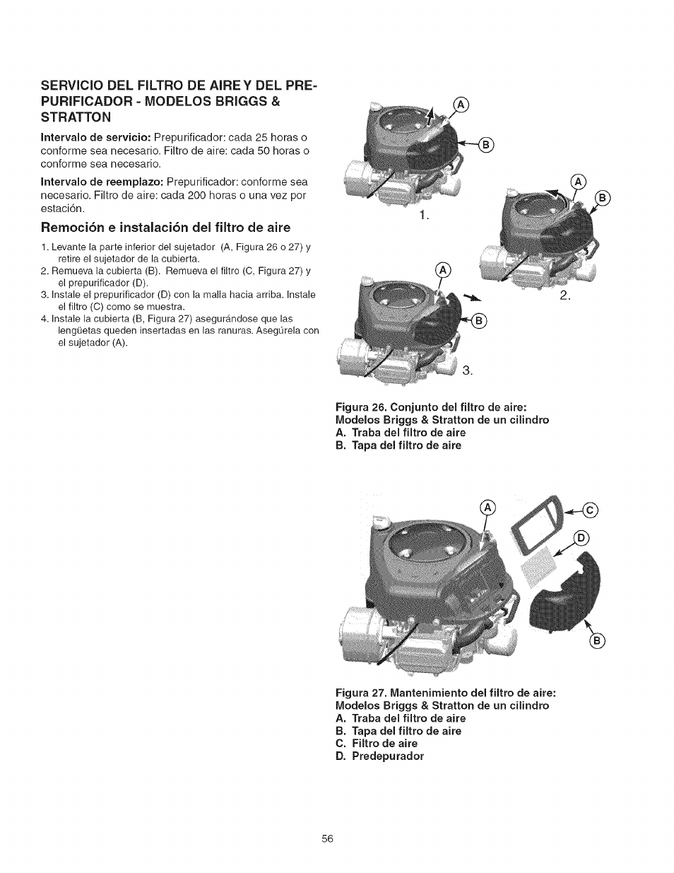 Remoción e instalación del filtro de aire | Craftsman 107.27768 User Manual | Page 56 / 98