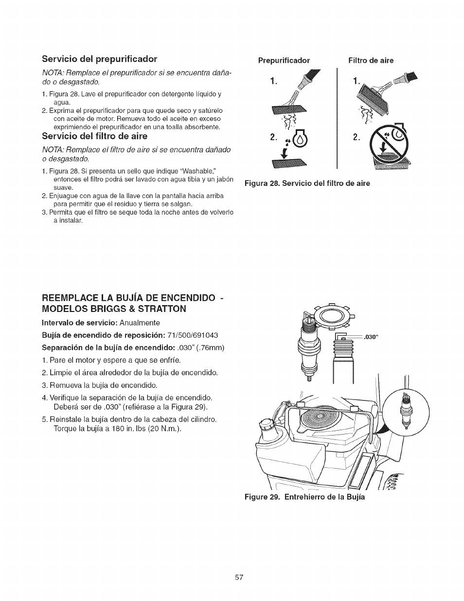 Servicio del filtro de aire | Craftsman 107.27768 User Manual | Page 57 / 98