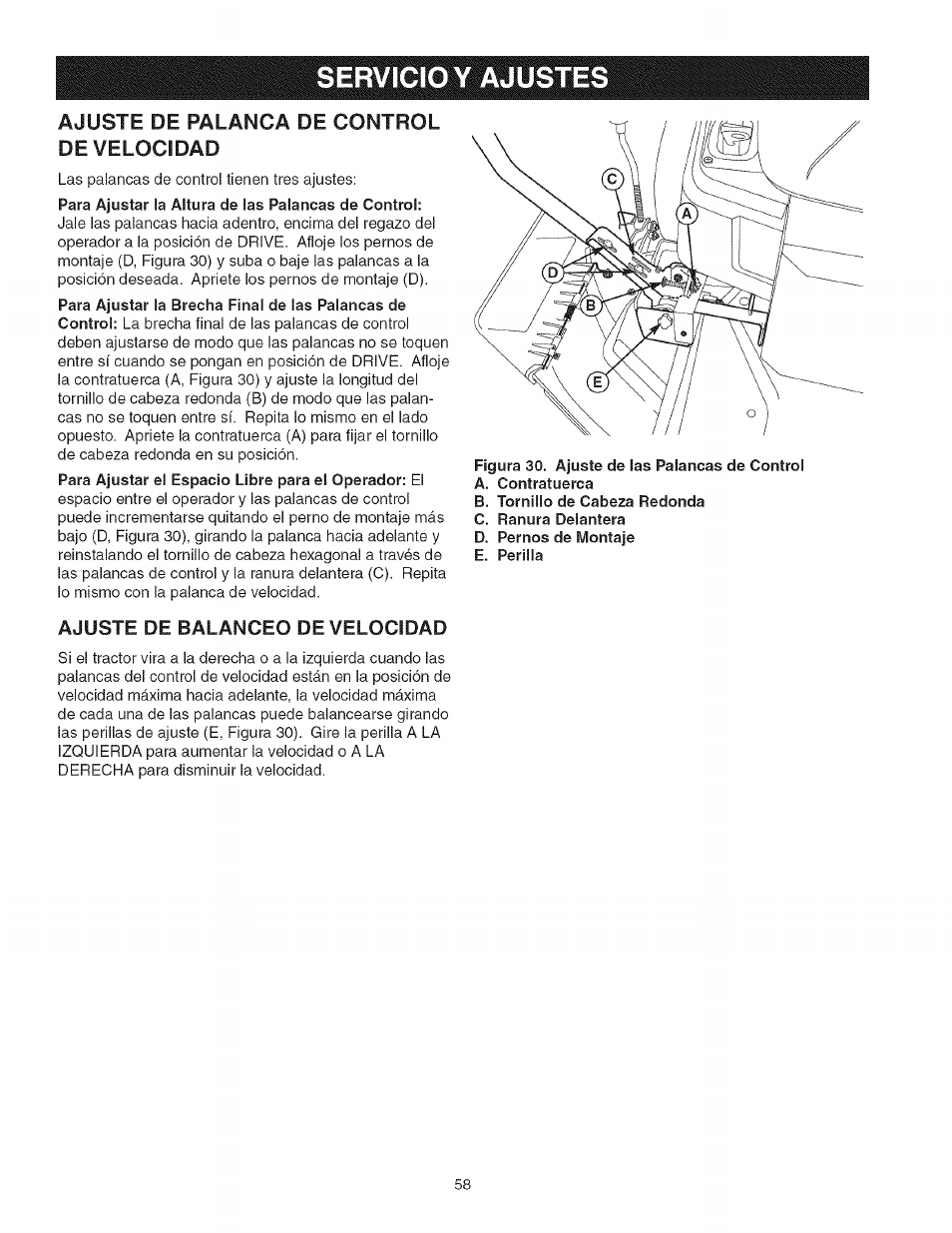 Servicio y ajustes, Ajuste de palanca de control de velocidad, Ajuste de balanceo de velocidad | Craftsman 107.27768 User Manual | Page 58 / 98