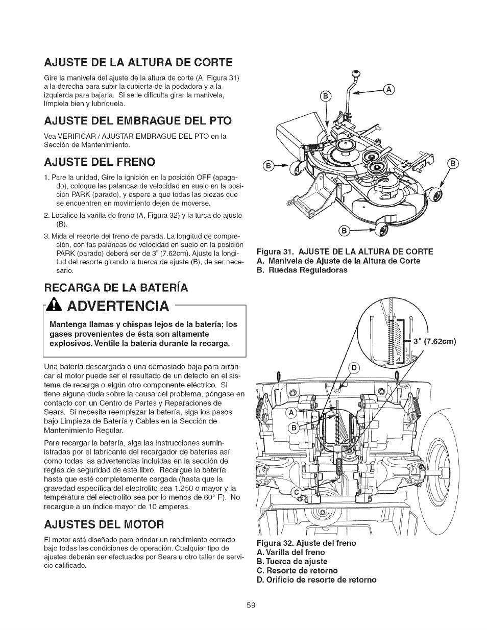 Ajuste de la altura de corte, Ajuste del embrague del pto, Ajuste del freno | Recarga de la batería, A advertencia, Ajustes del motor, Advertencia | Craftsman 107.27768 User Manual | Page 59 / 98