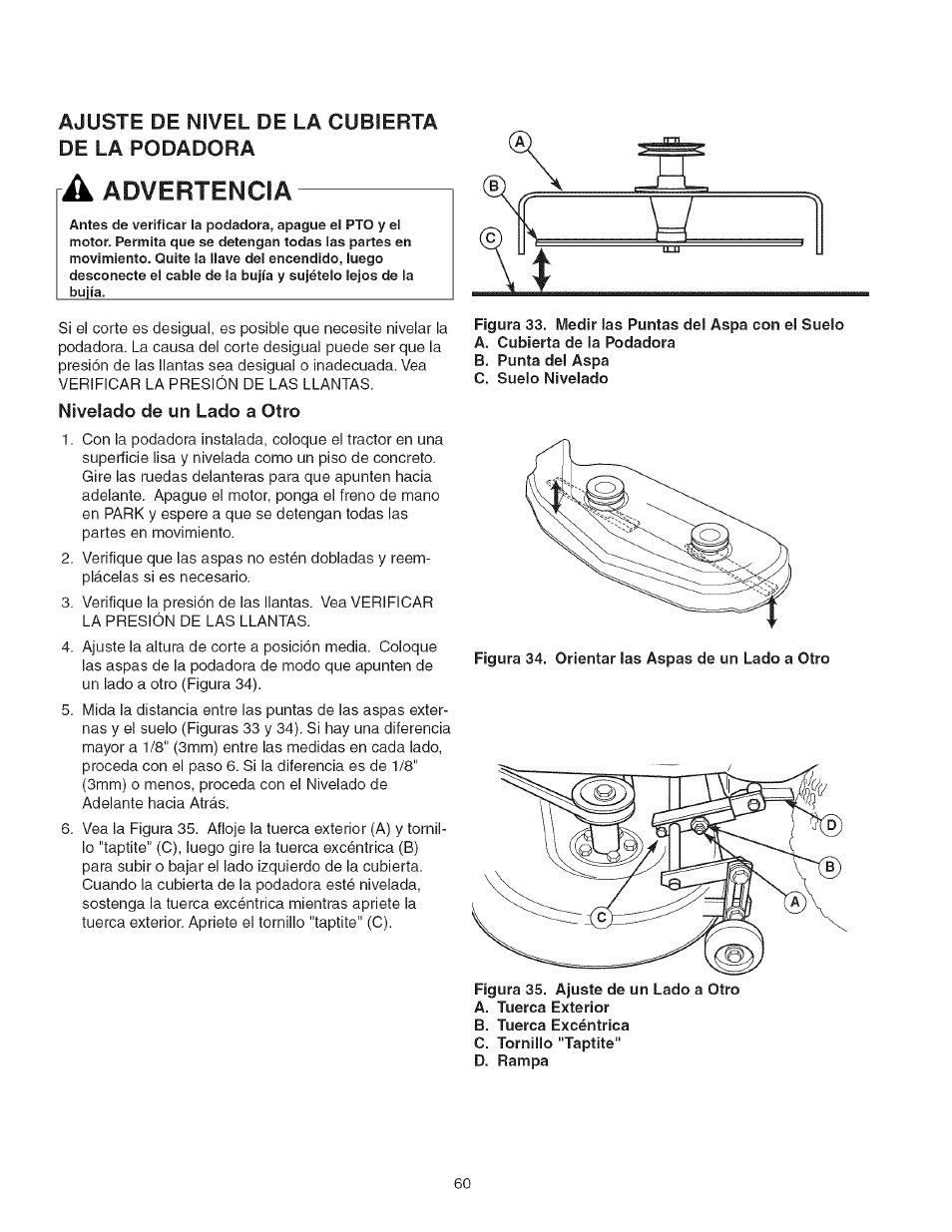 Ajuste de nivel de la cubierta de la rodadora, Advertencia | Craftsman 107.27768 User Manual | Page 60 / 98