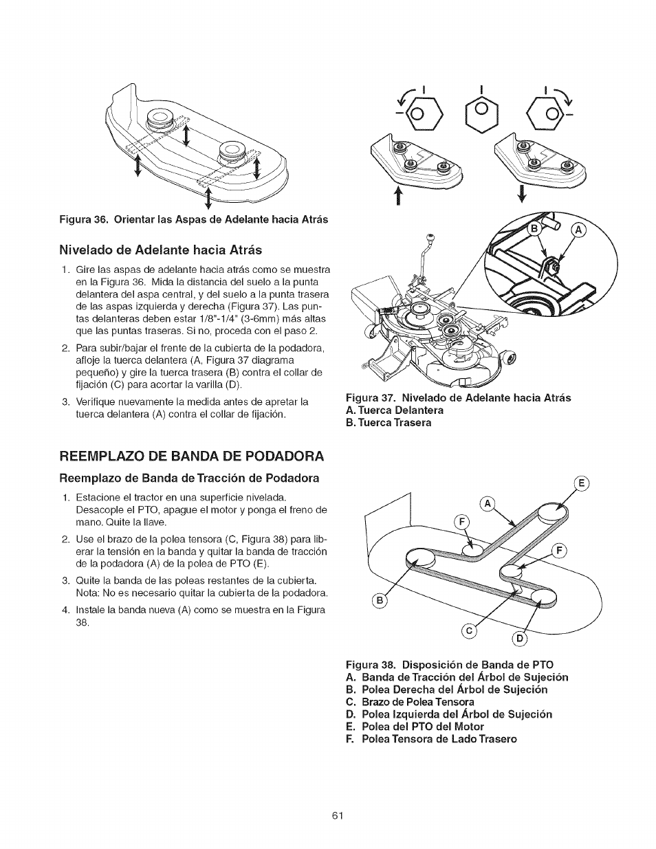 Nivelado de adelante hacia atrás, Reemplazo de banda de rodadora, Reemplazo de banda de tracción de rodadora | Craftsman 107.27768 User Manual | Page 61 / 98