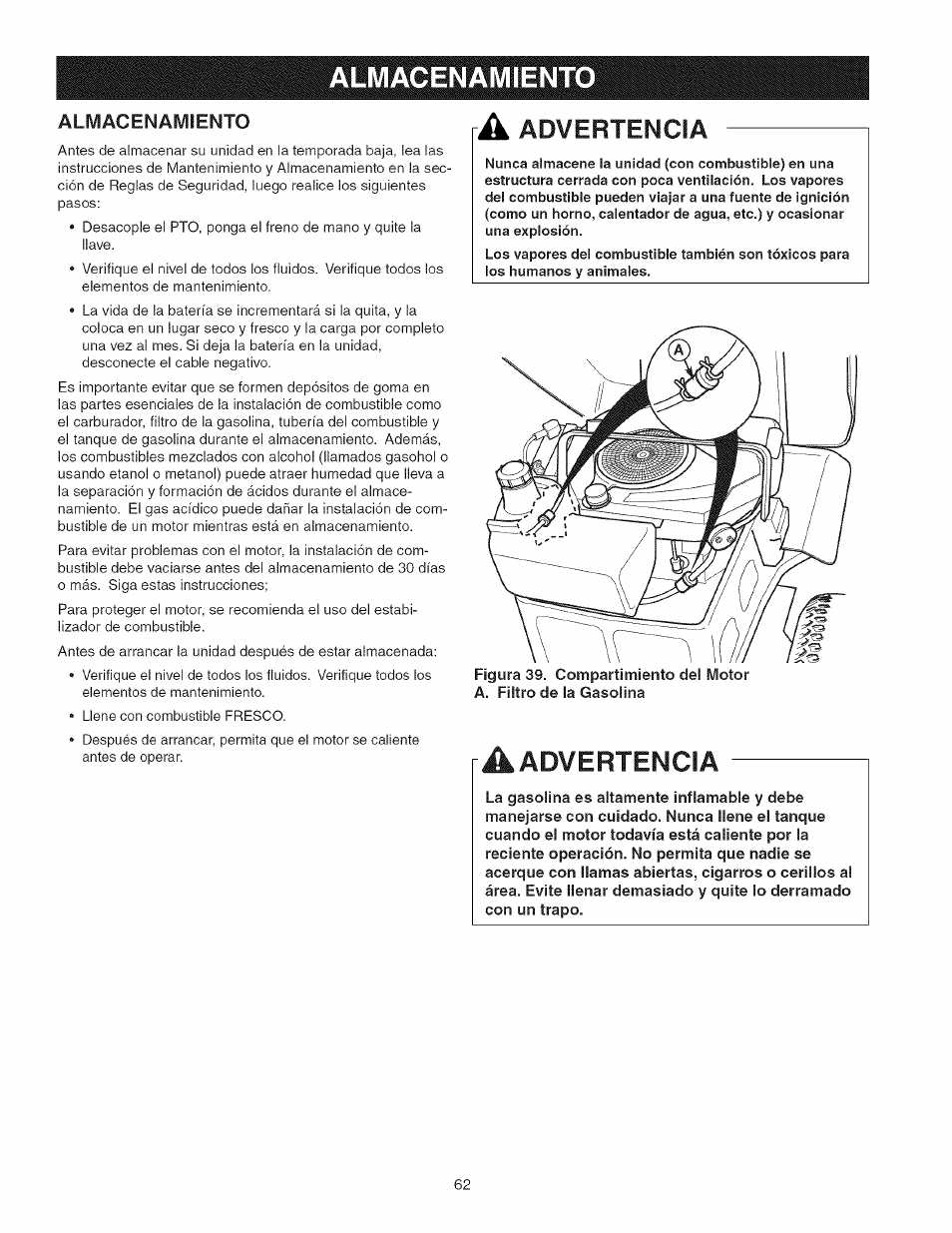 Almacenamiento, A advertencia, Aimacenamiento | Advertencia | Craftsman 107.27768 User Manual | Page 62 / 98