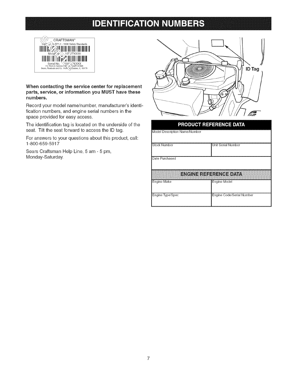 Identification numbers | Craftsman 107.27768 User Manual | Page 7 / 98