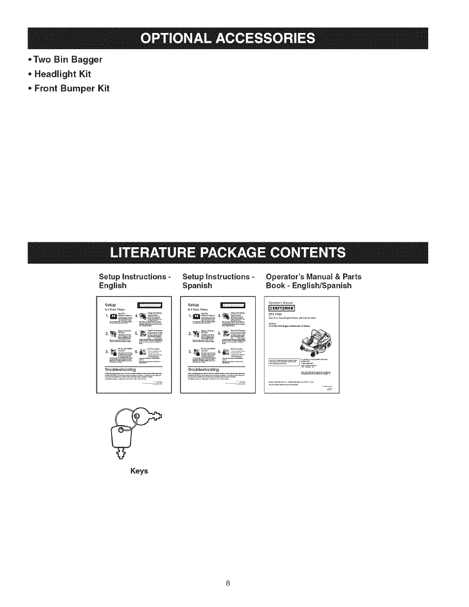 Optional accessories, Literature package contents | Craftsman 107.27768 User Manual | Page 8 / 98