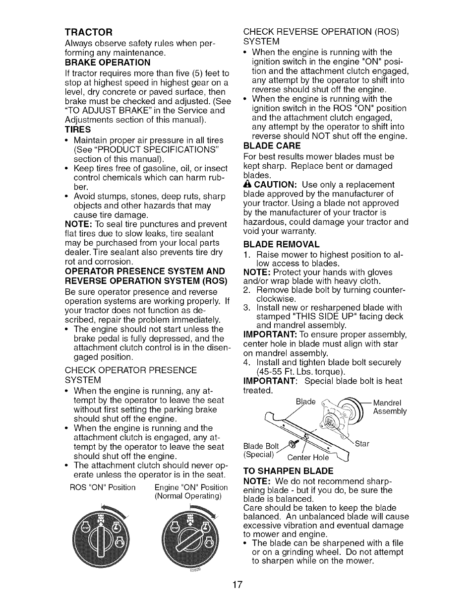 Tractor, Brake operation, Blade care | Blade removal | Craftsman 917.276361 User Manual | Page 17 / 64