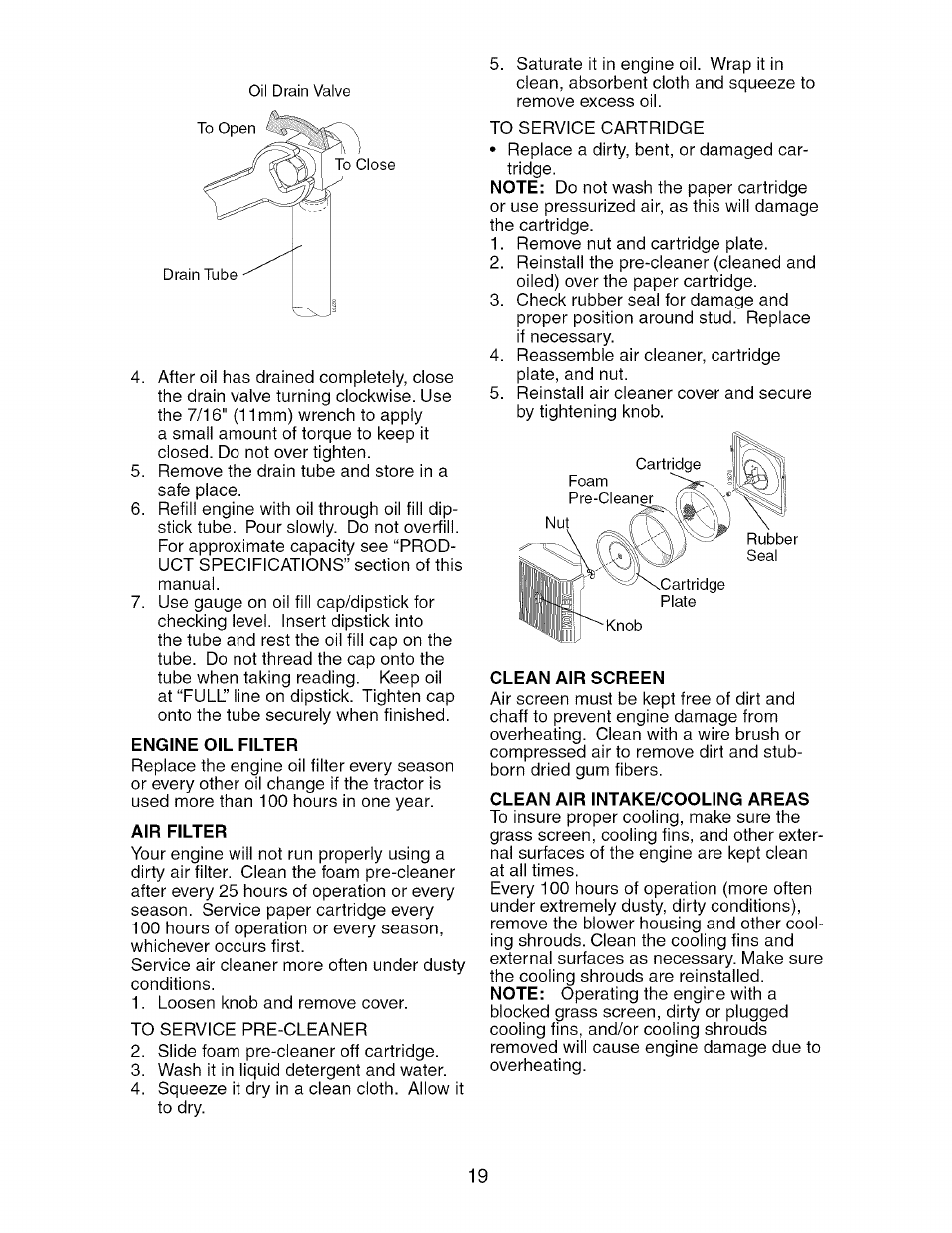 Engine oil filter, Air filter, Clean air screen | Clean air intake/cooling areas | Craftsman 917.276361 User Manual | Page 19 / 64