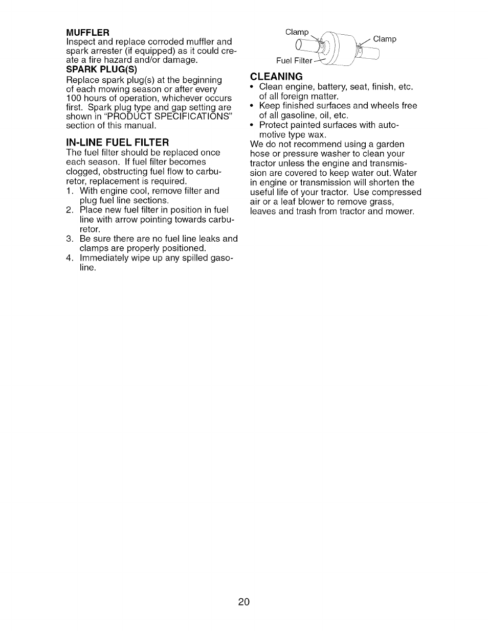 Muffler, Spark plug(s), In-line fuel filter | Cleaning | Craftsman 917.276361 User Manual | Page 20 / 64