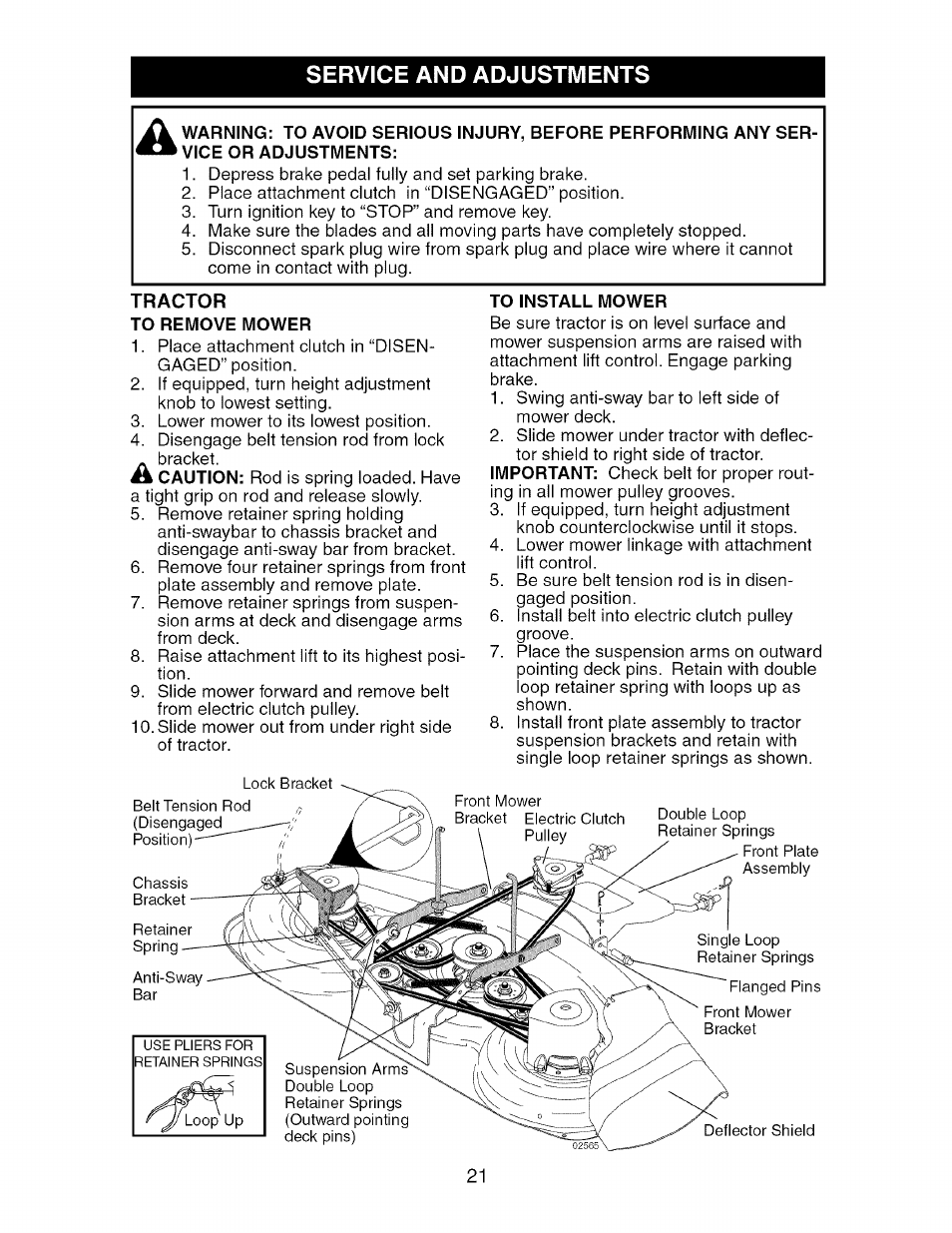 Service and adjustments, To install mower, Tractor | Craftsman 917.276361 User Manual | Page 21 / 64