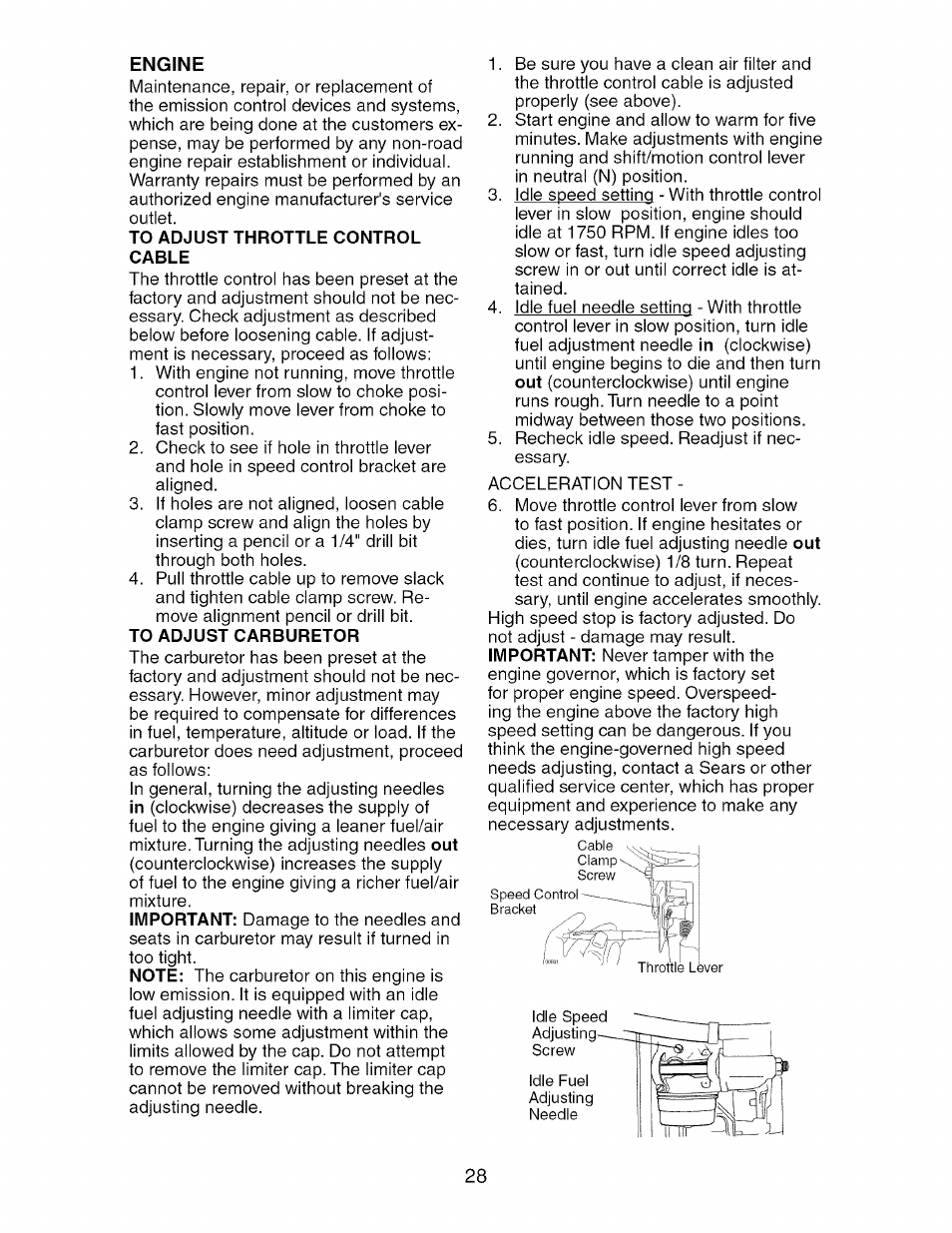 Engine, To adjust throttle control cable, To adjust carburetor | Craftsman 917.276361 User Manual | Page 28 / 64