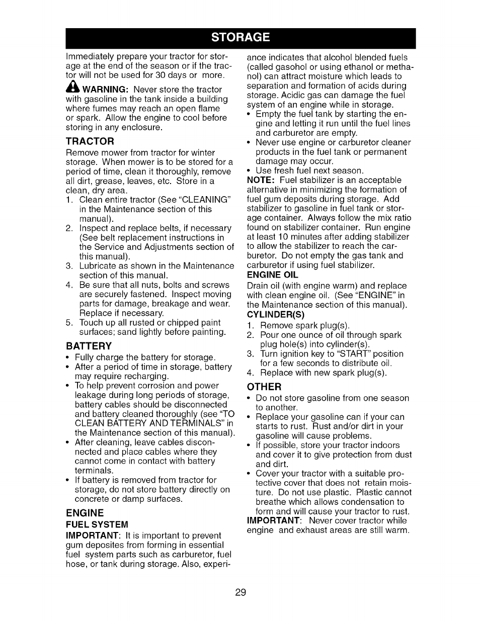 Storage, Tractor, Battery | Engine fuel system, Engine oil, Other | Craftsman 917.276361 User Manual | Page 29 / 64
