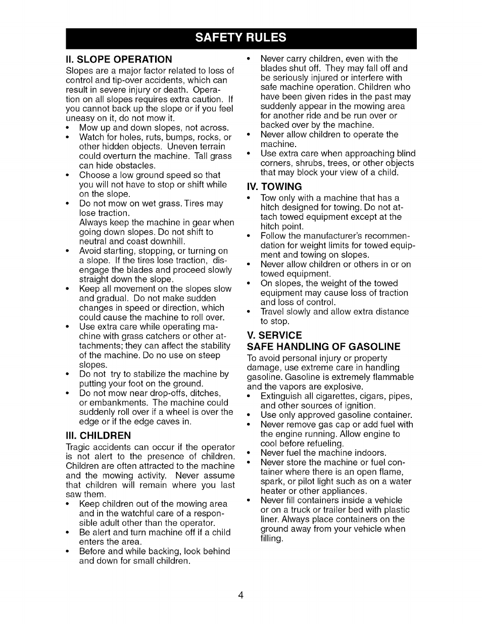 Ii. slope operation, Iv. towing, V. service | Safe handling of gasoline, Safety rules | Craftsman 917.276361 User Manual | Page 4 / 64