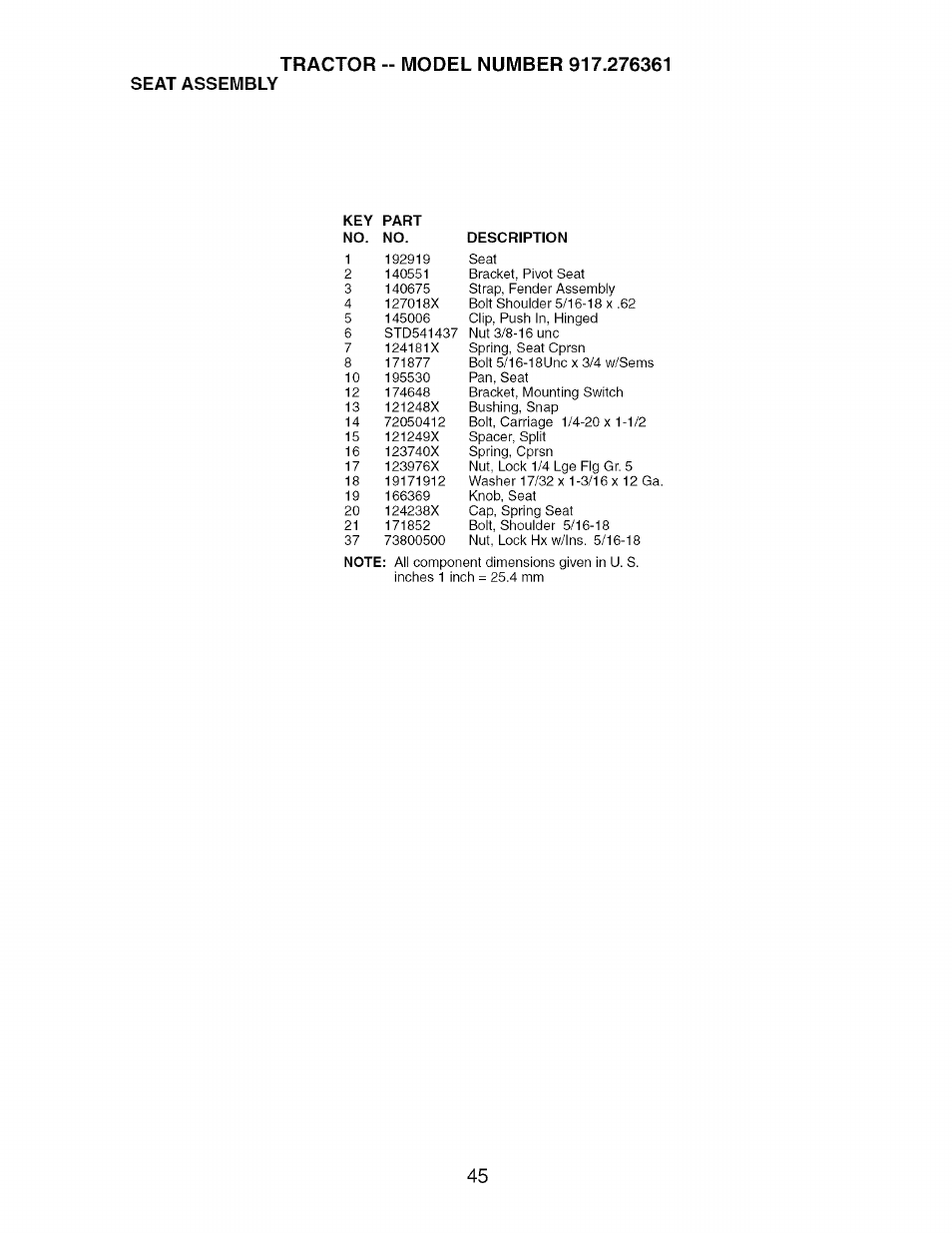 Seat assembly | Craftsman 917.276361 User Manual | Page 45 / 64