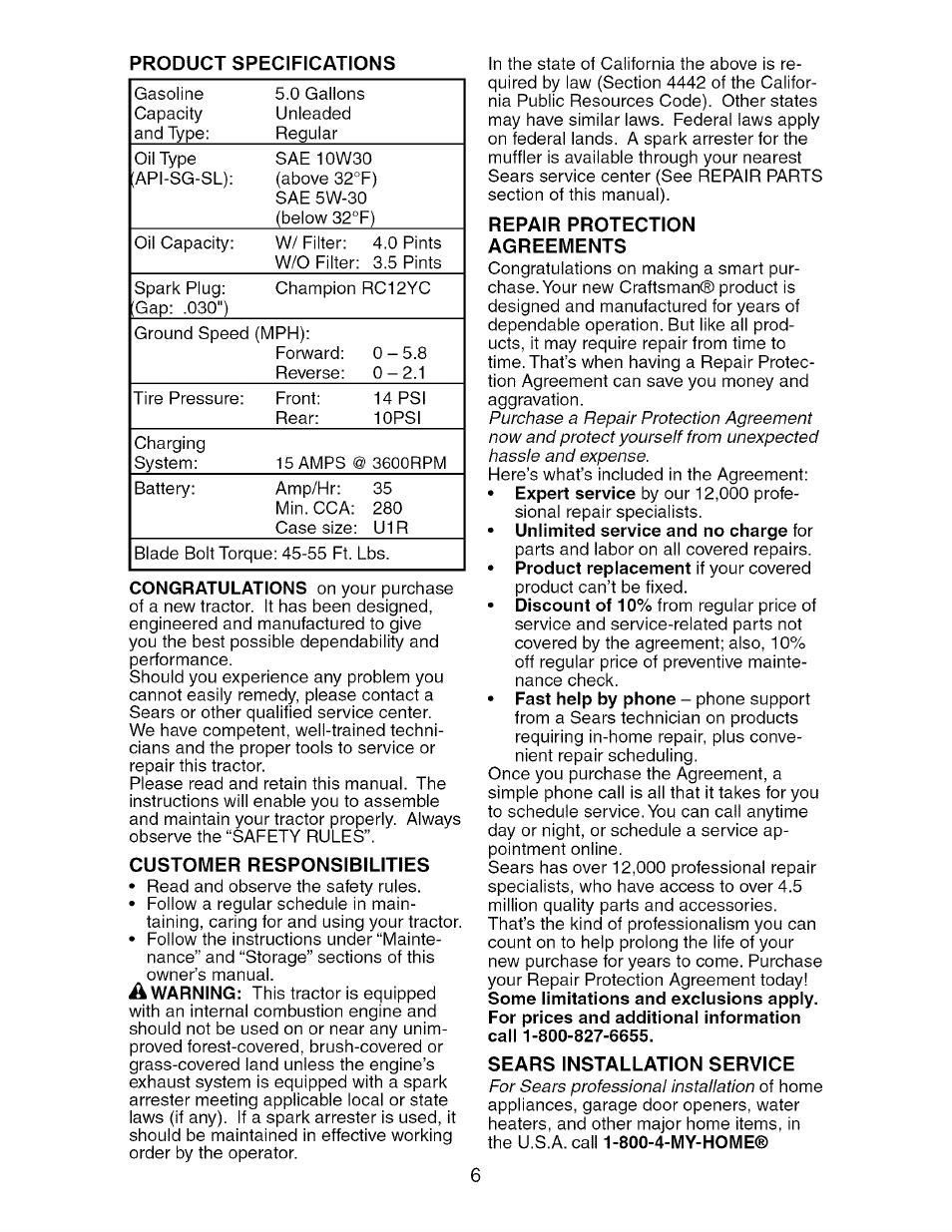 Product specifications, Customer responsibilities, Repair protection agreements | Sears installation service | Craftsman 917.276361 User Manual | Page 6 / 64