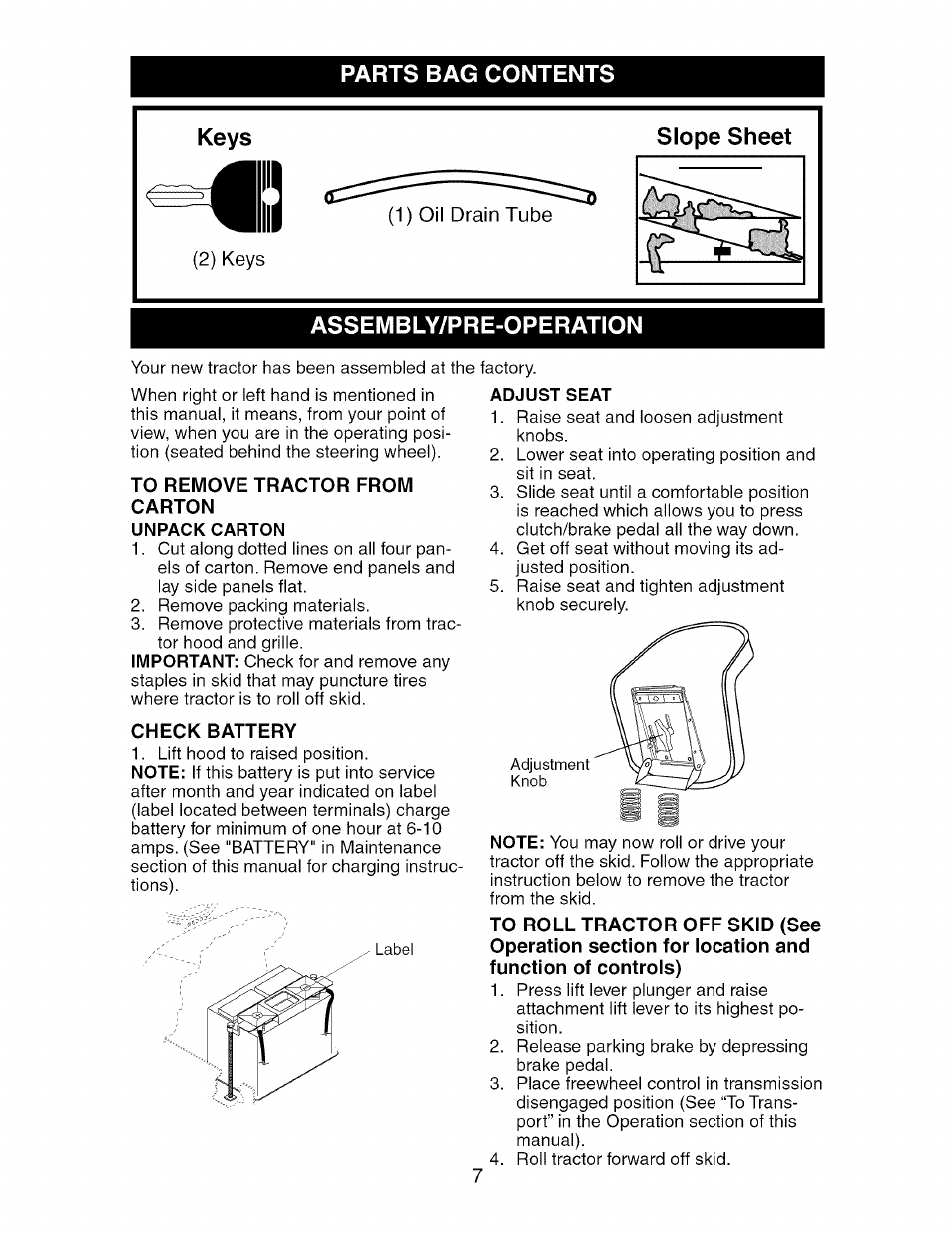 Parts bag contents, Assembly/pre-operation, To remove tractor from | Carton, Unpack carton, Check battery, Adjust seat, Parts bag contents assembly/pre-operation | Craftsman 917.276361 User Manual | Page 7 / 64