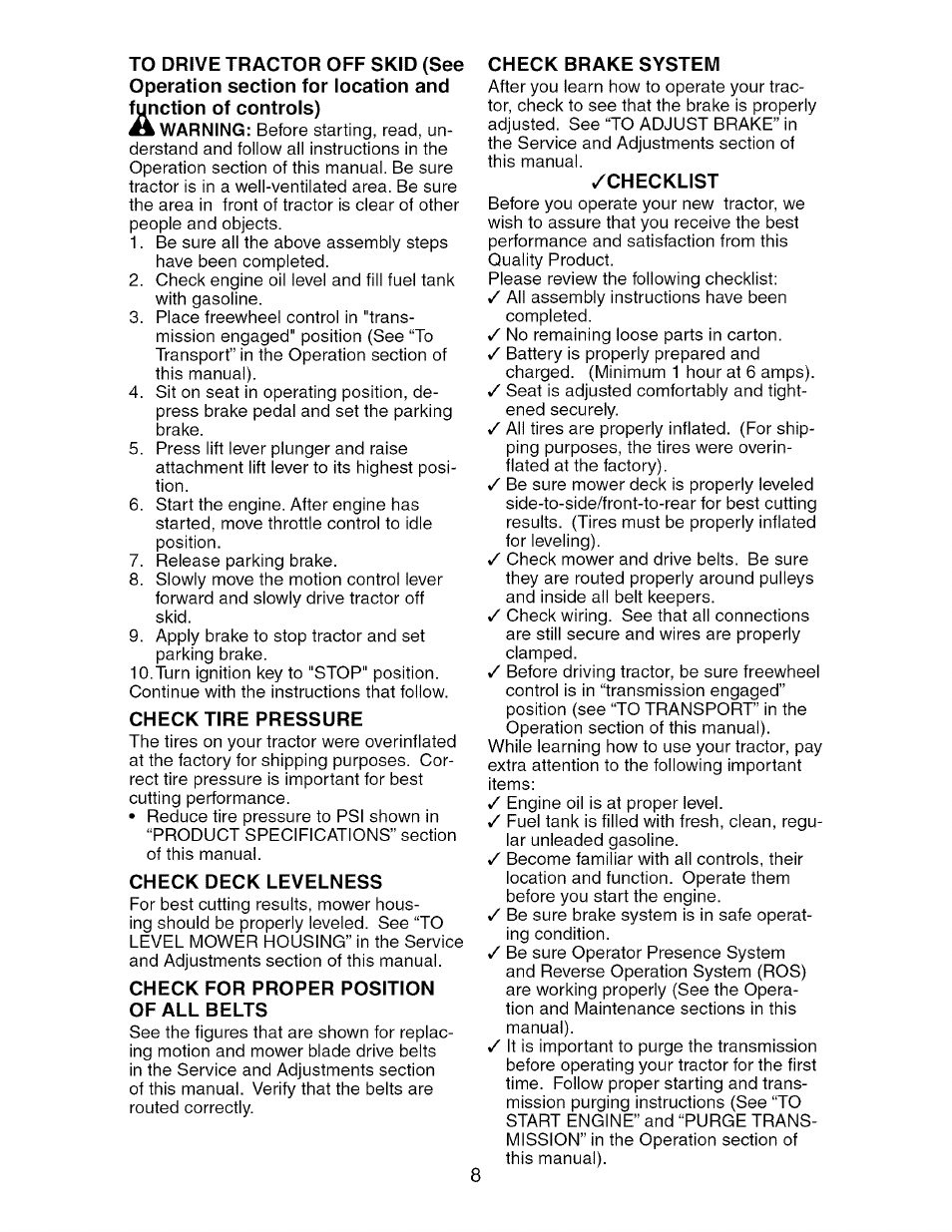Check tire pressure, Check deck levelness, Check for proper position of all belts | Check brake system, Checklist | Craftsman 917.276361 User Manual | Page 8 / 64
