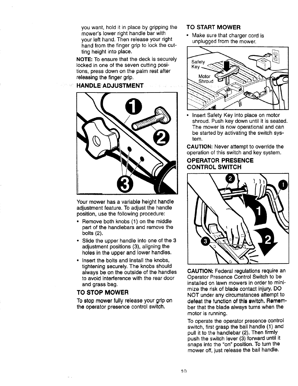 Handle adjustment, To stop mower, To start mower | Operator presence control switch | Craftsman 900.370520 User Manual | Page 10 / 40