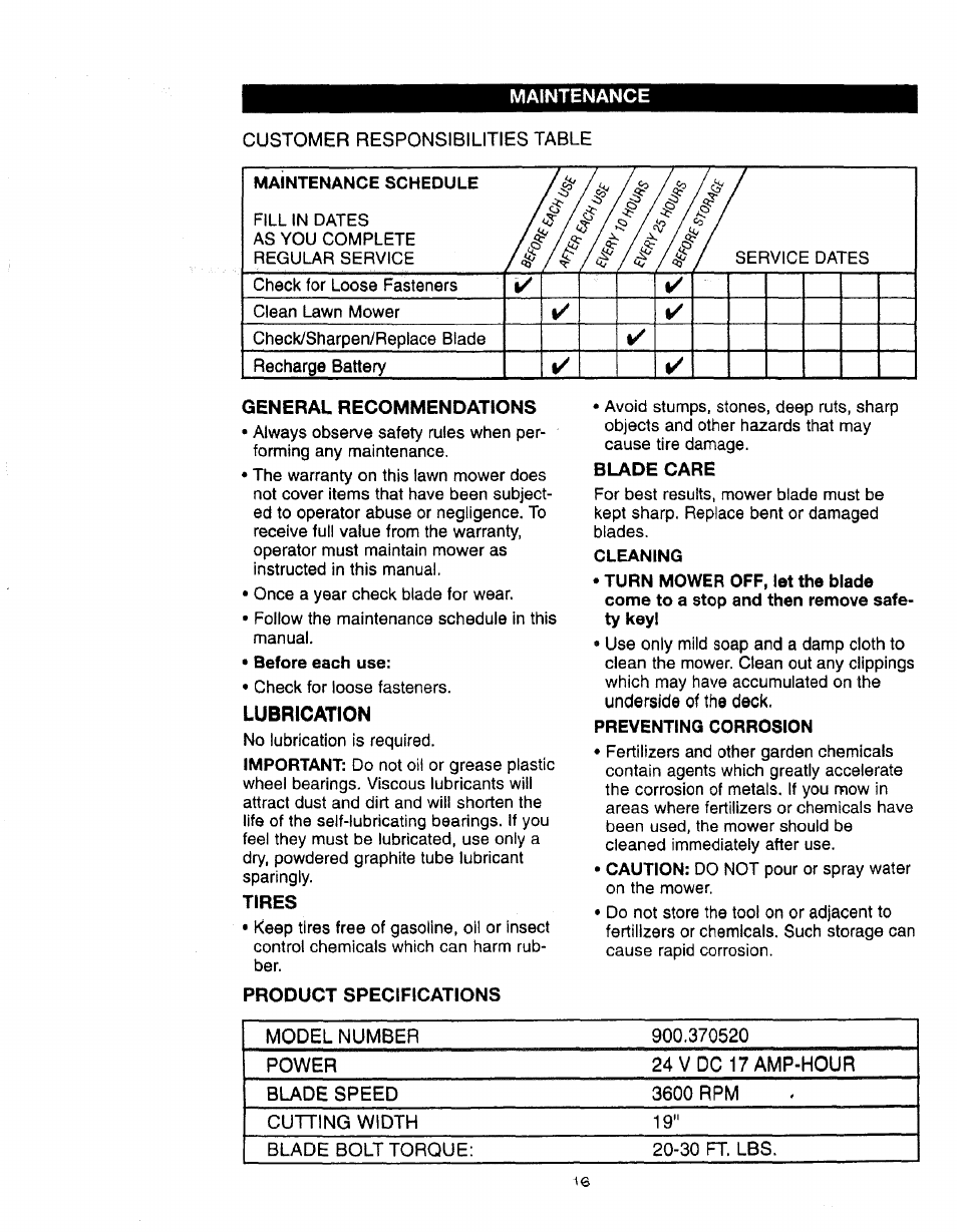 Maintenance, General recommendations, Lubrication | Tires, Blade care, Cleaning, Preventing corrosion | Craftsman 900.370520 User Manual | Page 16 / 40