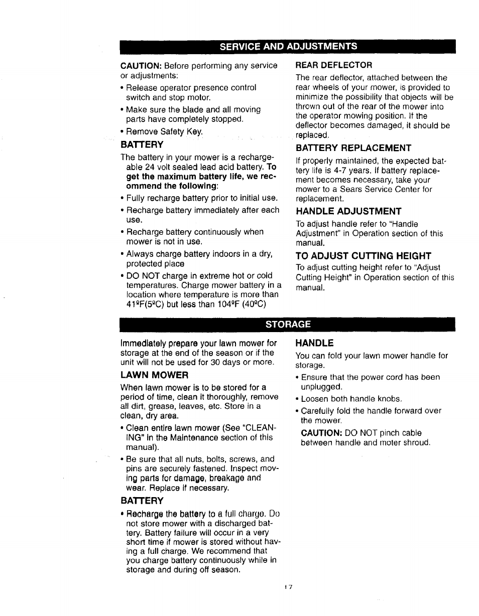 Service and adjustments, Battery, Battery replacement | Handle adjustment, To adjust cutting height, Storage, Lawn mower, Handle | Craftsman 900.370520 User Manual | Page 17 / 40