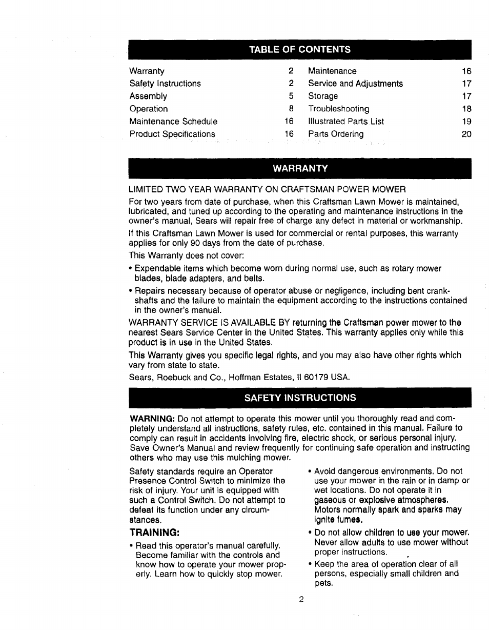 Warranty, Safety instructions, Training | Craftsman 900.370520 User Manual | Page 2 / 40