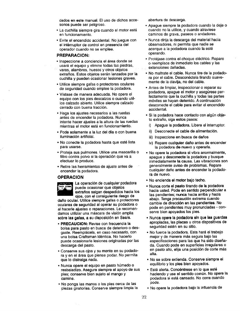 Preparacion, Operacion, Nunca opere la podadera sin que las guardas | Craftsman 900.370520 User Manual | Page 22 / 40