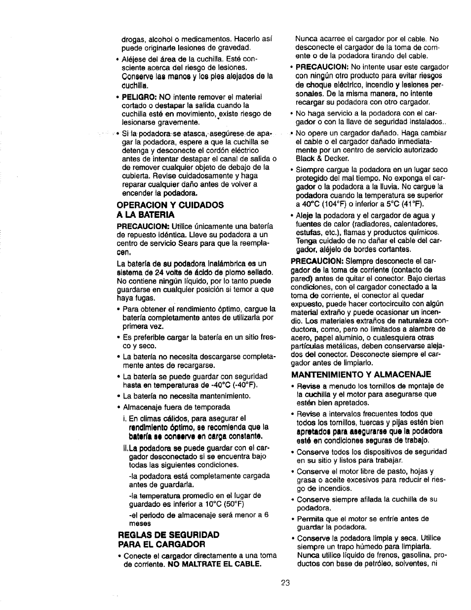Cuchilla, Operacion y cuidados a la bateria, Reglas de seguridad para el cargador | Craftsman 900.370520 User Manual | Page 23 / 40