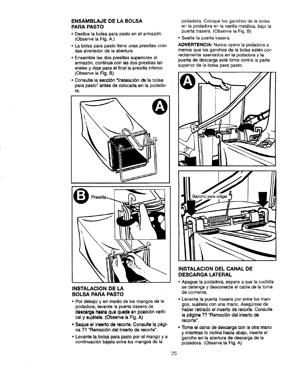 Ensamblaje de la bolsa, Para pasto, Instalacion de la | Bolsa para pasto, Instalacion del canal de, Descarga lateral | Craftsman 900.370520 User Manual | Page 25 / 40