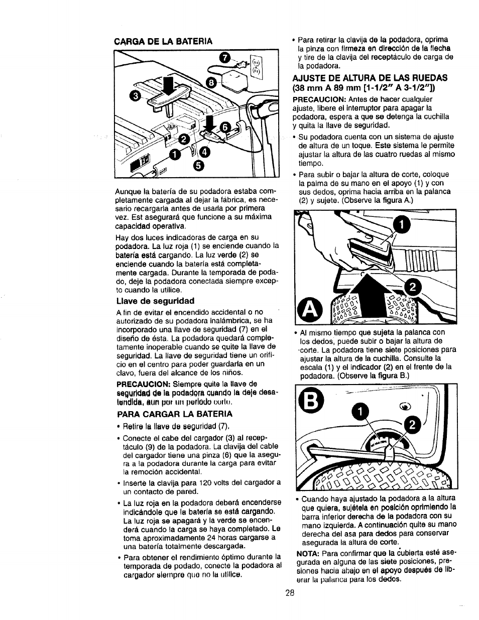 Carga de la bateria, Llave de segundad, Para cargar la bateria | Ajuste de altura de las ruedas, 38 mm a 89 mm [1-1/2" a 3-1/2"]) | Craftsman 900.370520 User Manual | Page 28 / 40