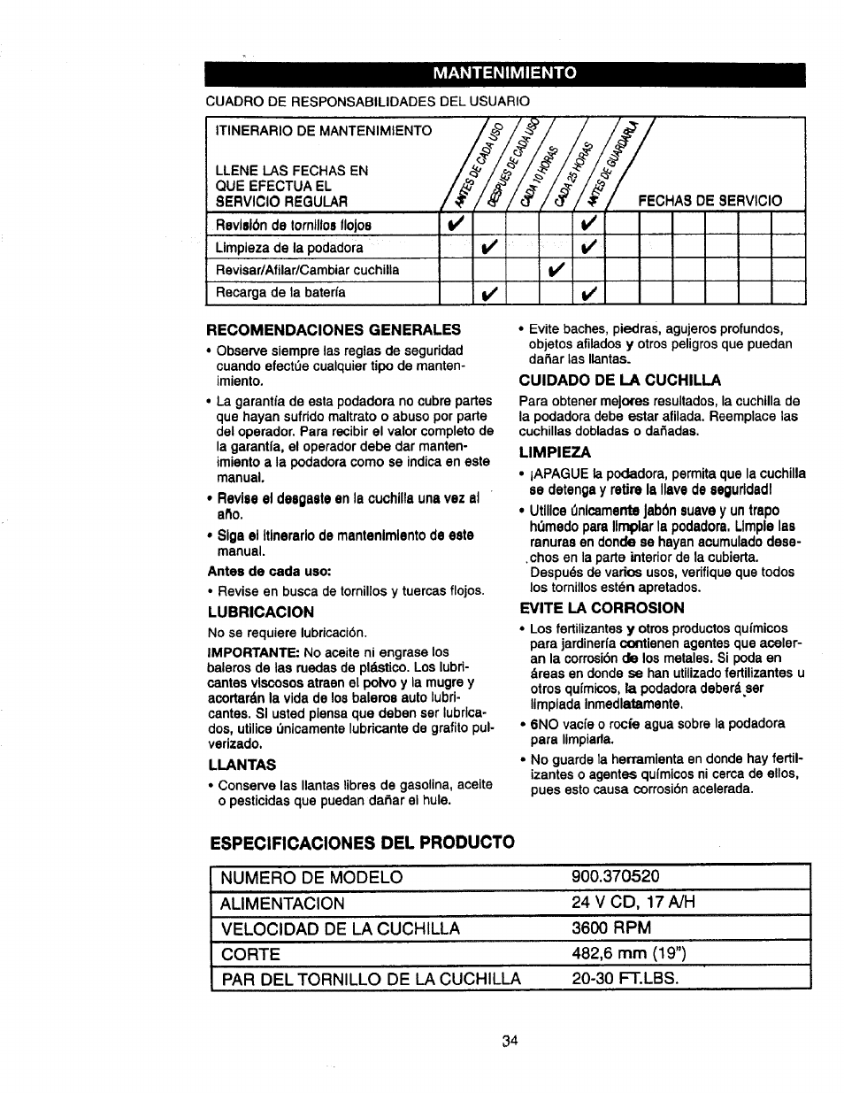 Mantenimiento, Recomendaciones generales, Revise el desgaste en la cuchilla una vez al año | Siga el itinerario de mantenimiento de este manual, Llantas, Cuidado de la cuchilla, Limpieza, Evite la corrosion, Especificaciones del producto | Craftsman 900.370520 User Manual | Page 34 / 40