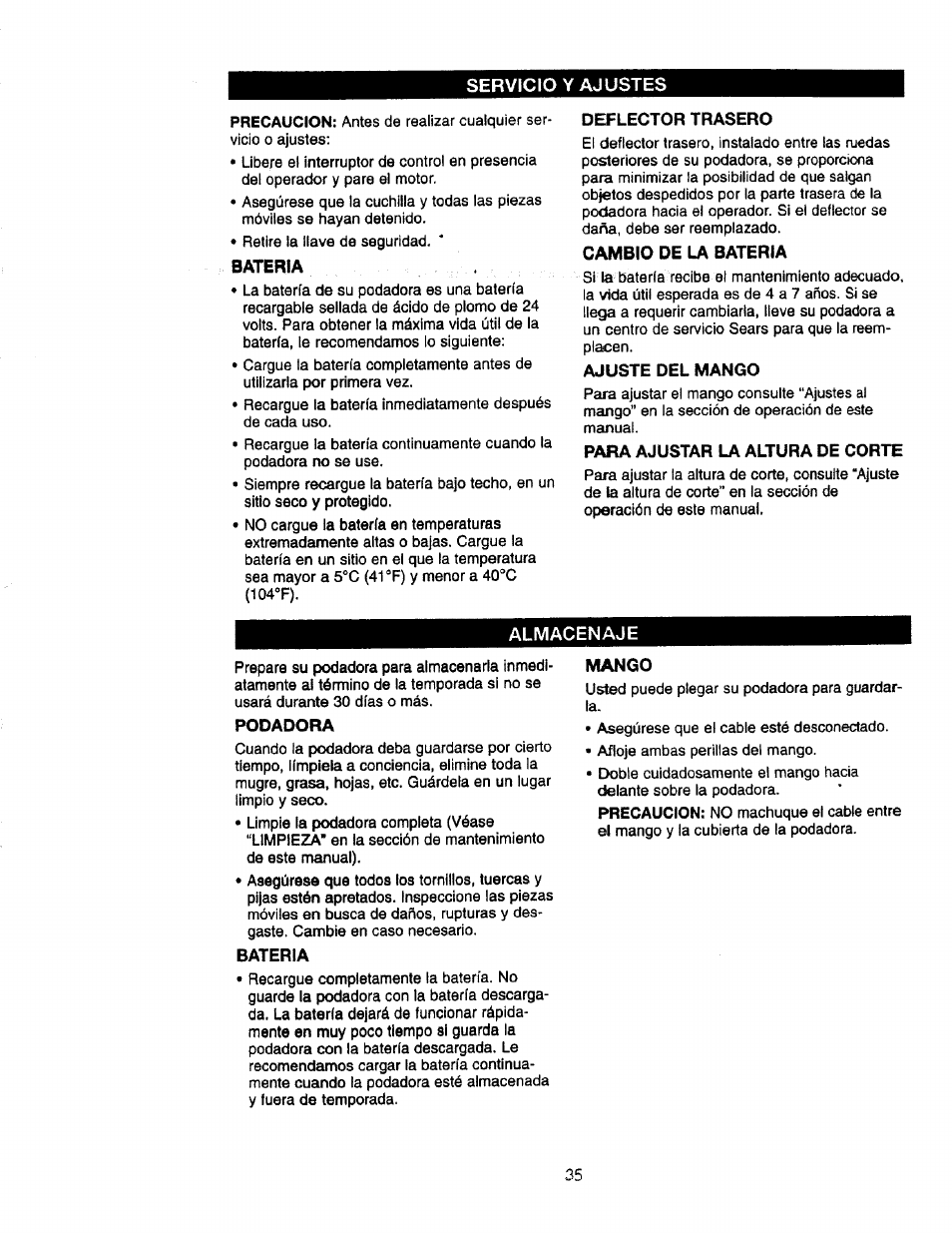 Servicio y ajustes, Bateria, Deflector trasero | Cambio de la bateria, Ajuste del mango, Para ajustar la altura de corte, Almacenaje, Podadora, Mango | Craftsman 900.370520 User Manual | Page 35 / 40