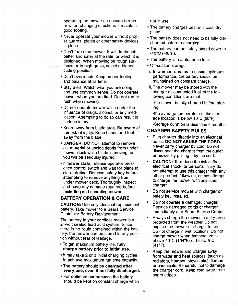 Battery operation & care, Charger safety rules, Do not service mower with charger or | Safety key installed | Craftsman 900.370520 User Manual | Page 4 / 40