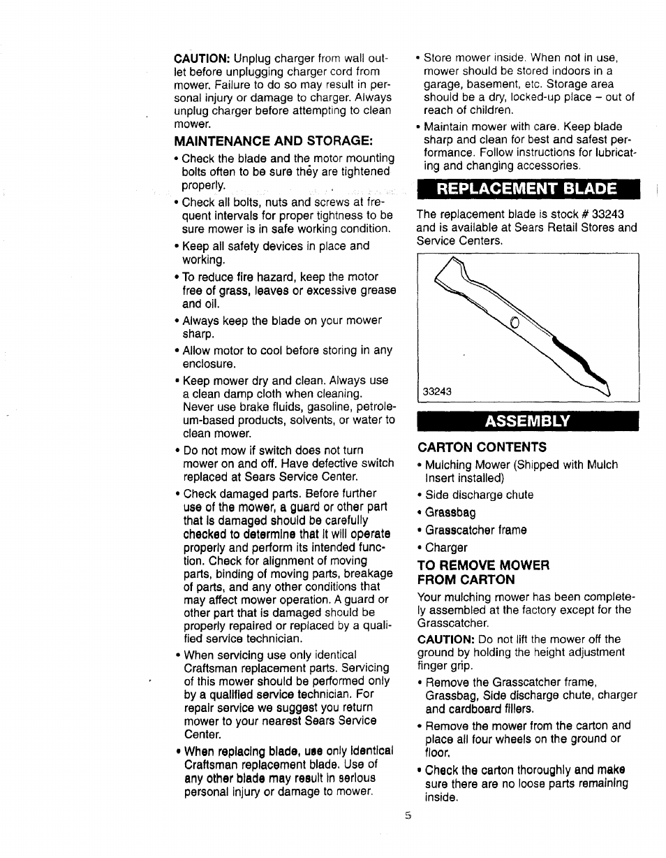Maintenance and storage, Carton contents, To remove mower from carton | Replacement blade, Assembly | Craftsman 900.370520 User Manual | Page 5 / 40
