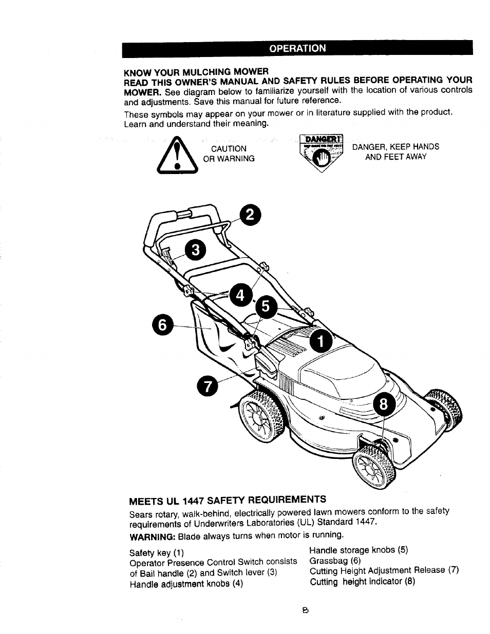 Operation, Meets ul 1447 safety requirements, Cutting height indicator (8) | Craftsman 900.370520 User Manual | Page 8 / 40