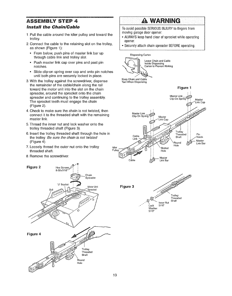 Assembly step 4, A warning, Tosfall the cham/c&ble | Craftsman 139.53920D User Manual | Page 10 / 76